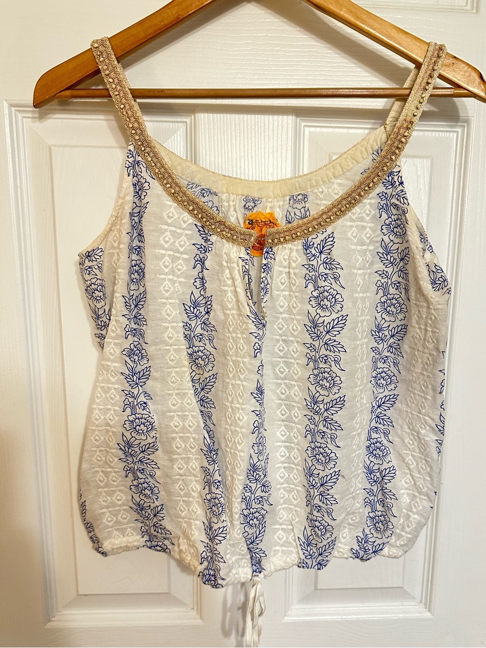 VTG Y2K Free People Beaded Boho Floral Tank Top S/M Peasant Indie Hippie Linen